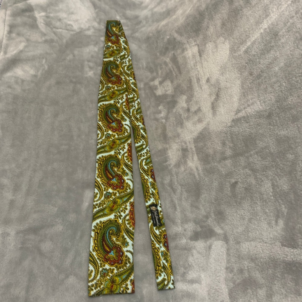 Rooster John Wanamaker Vtg Paisley Neck Tie Hand Printed Square Yellow Teal